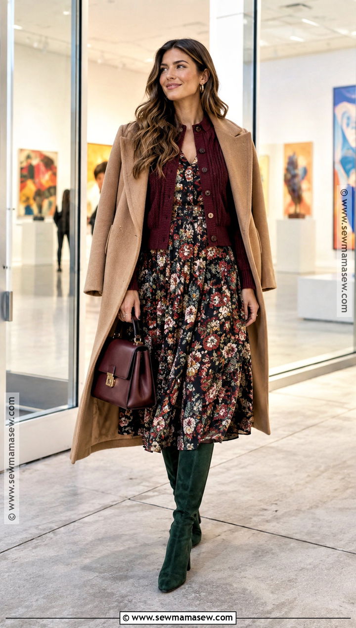 Floral Midi Dress And Colorful Boots Fall Outfit - 15 colorful fall fashion ensemble ideas