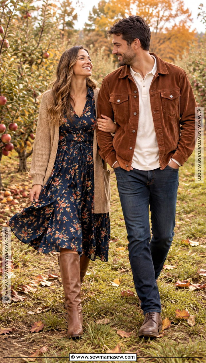 Floral Midi Dress And Corduroy Jacket Couple Outfit - 15 Couple Picture Outfit Ideas Fall