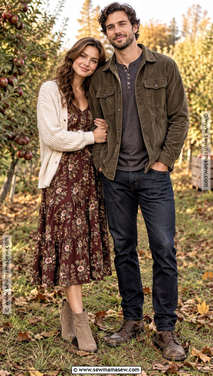 Floral Midi Dress And Corduroy Jacket Fall Couples Photo Outfit - 20 Fall Outfits Couples Photo Ideas