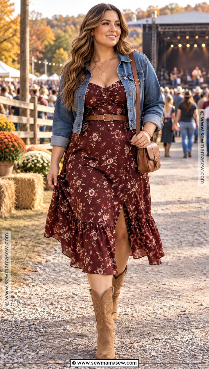 Floral Midi Dress And Cowboy Boots Country Concert Outfit - 25 fall country concert outfit ideas