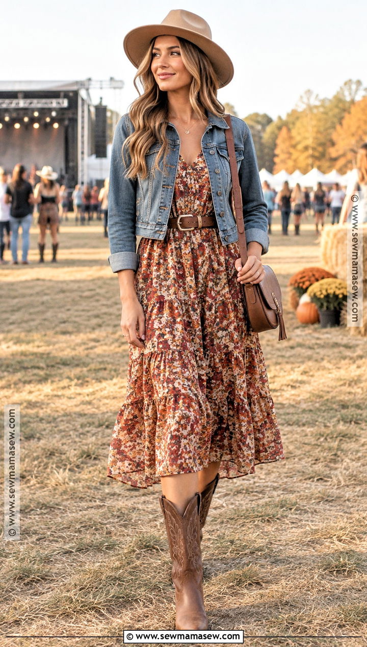 Floral Midi Dress And Cowboy Boots Festival Outfit - 15 Fall Country Festival Outfit Ideas