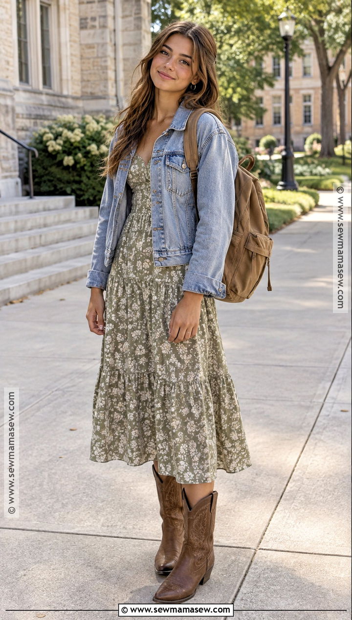 Floral Midi Dress And Cowboy Boots Outfit - 20 back to school outfits country