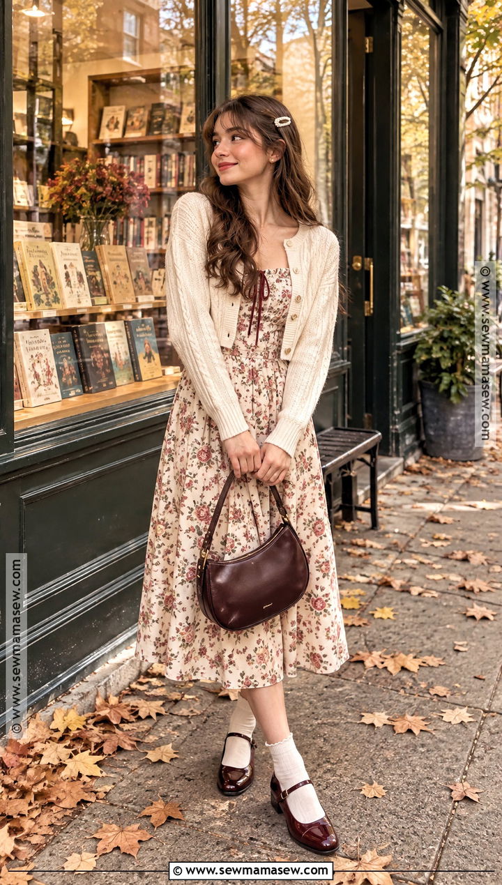 Floral Midi Dress And Cropped Cardigan Shojo Girl Outfit - 15 Shojo Girl Fall Outfit Ideas