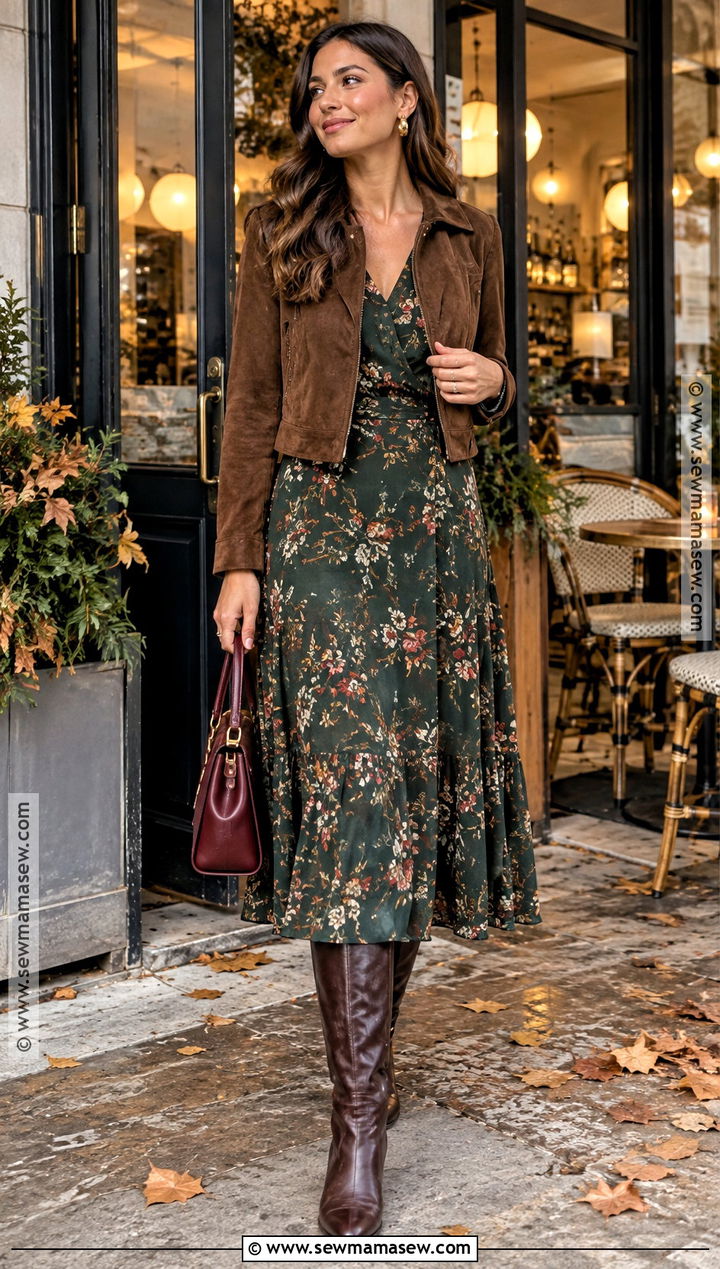 Floral Midi Dress And Cropped Jacket Fall Dinner Date Outfit - 25 fall dinner date outfit ideas