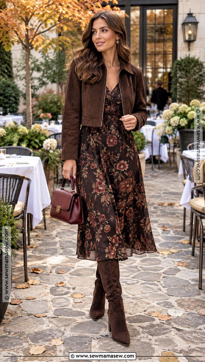 Floral Midi Dress And Cropped Jacket Fall Dinner Outfit - 20 dinner fall outfit ideas