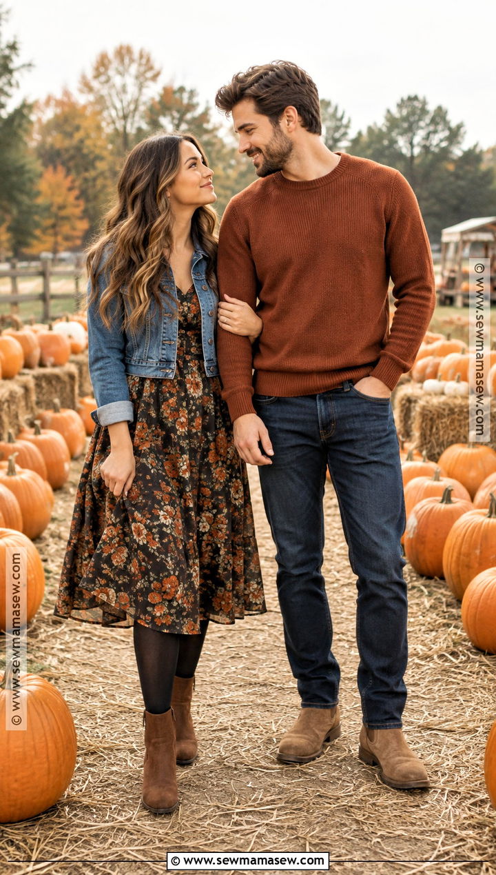 Floral Midi Dress And Denim Couple Outfit - 25 pumpkin patch outfit ideas for couples