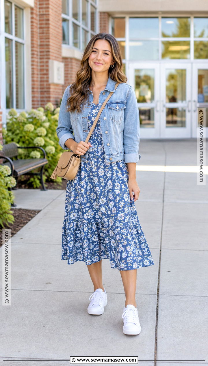 Floral Midi Dress And Denim Jacket Back To School Outfit - 15 Back To School Outfits And Where From