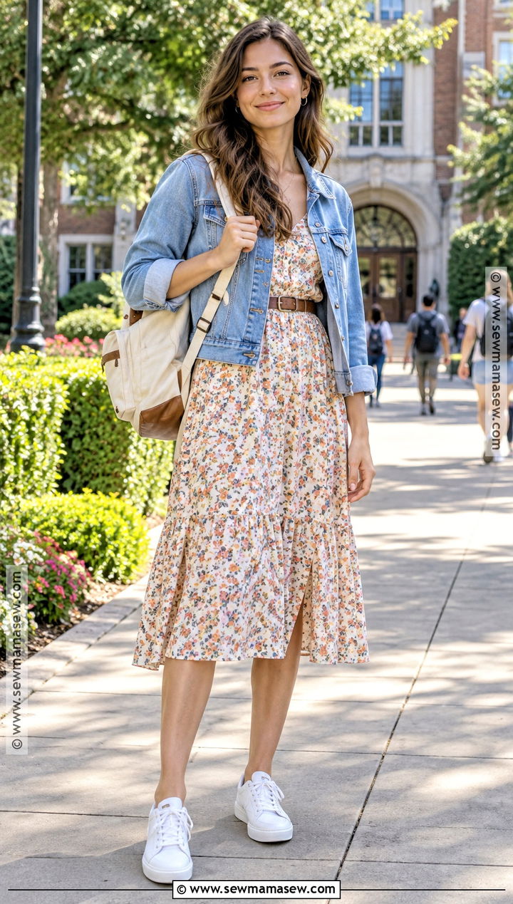 Floral Midi Dress And Denim Jacket Back To School Outfit - 20 summer outfits back to school