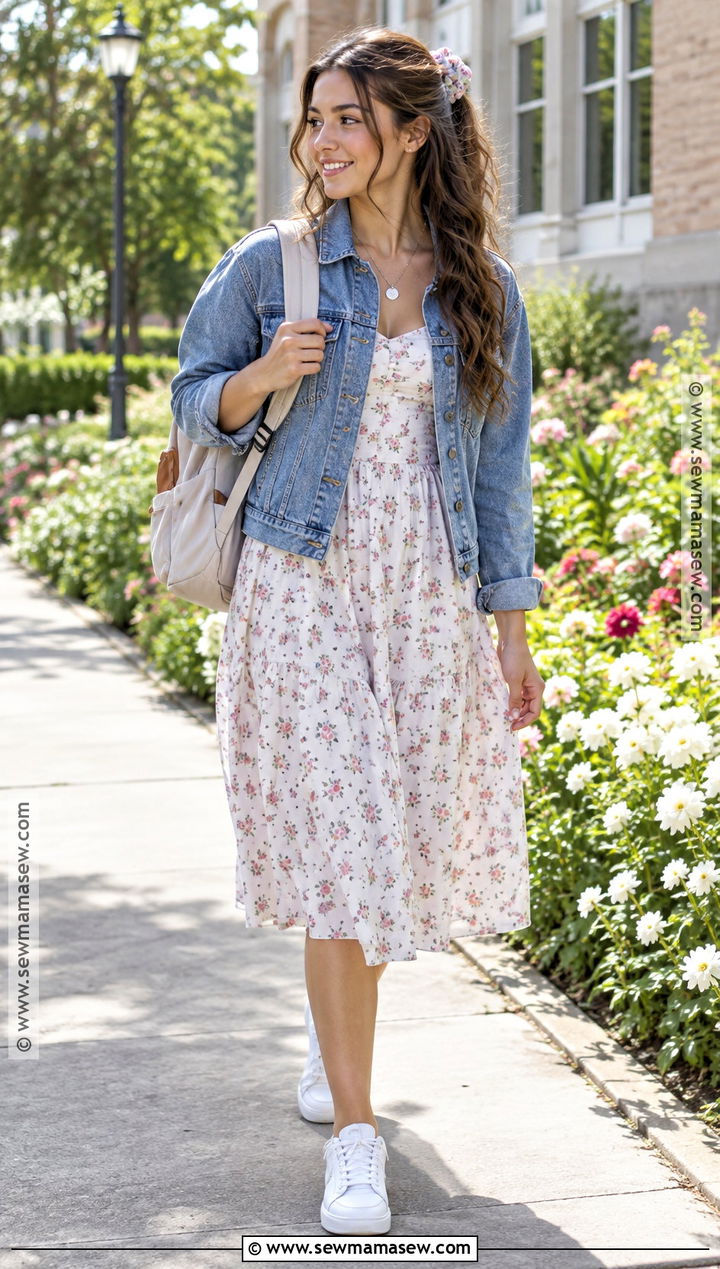 Floral Midi Dress And Denim Jacket Back To School Outfit - 15 Back To School Outfits 24-25