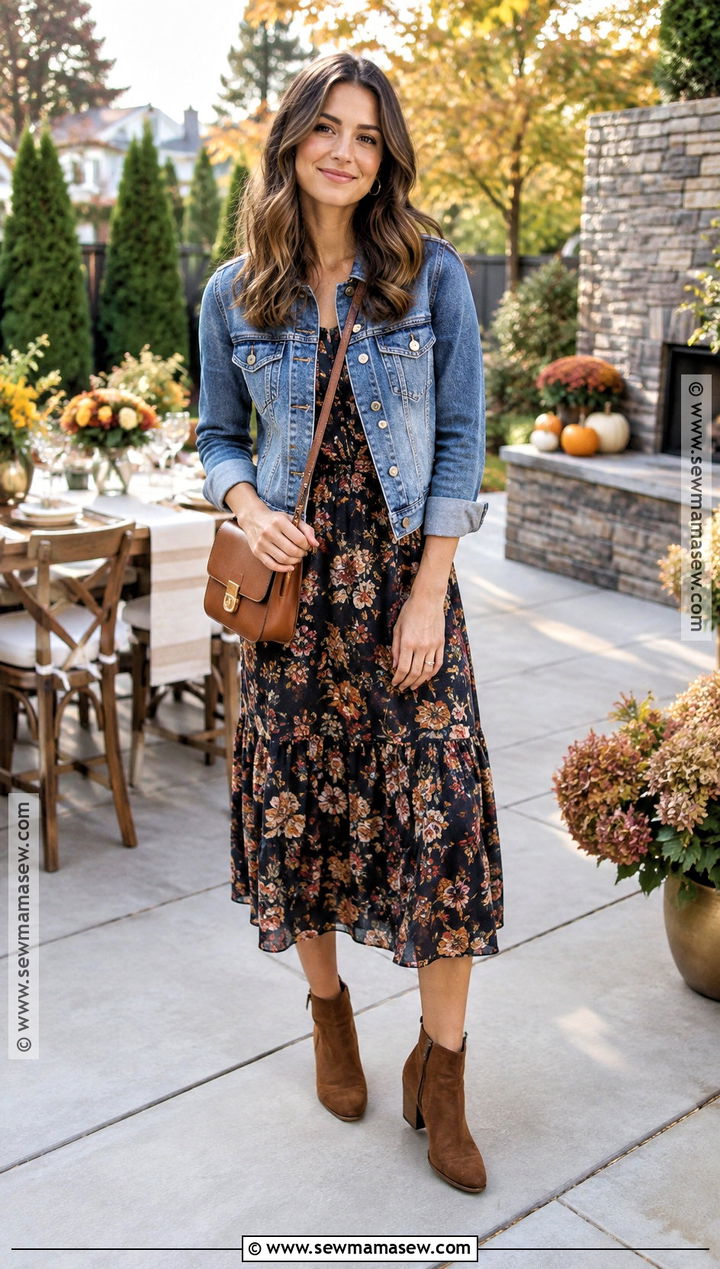 Floral Midi Dress And Denim Jacket Bridal Shower Outfit - 20 fall bridal shower outfit for guest casual ideas
