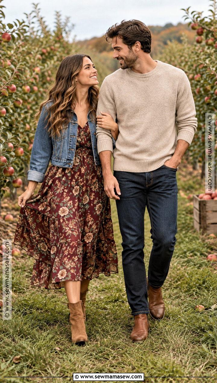 Floral Midi Dress And Denim Jacket Fall Couple Outfit - 20 fall couple photoshoot outfits photo ideas outdoor
