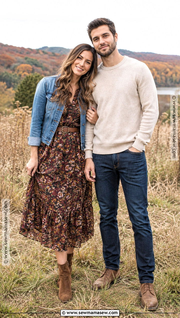 Floral Midi Dress And Denim Jacket Fall Engagement Outfit - 15 fall engagement pictures outfit casual ideas