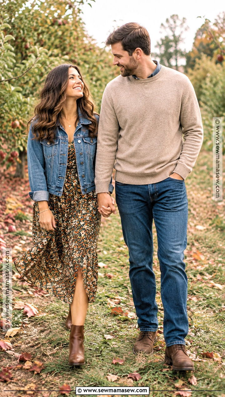Floral Midi Dress And Denim Jacket Fall Engagement Photo Outfit - 25 engagement photos outfits fall