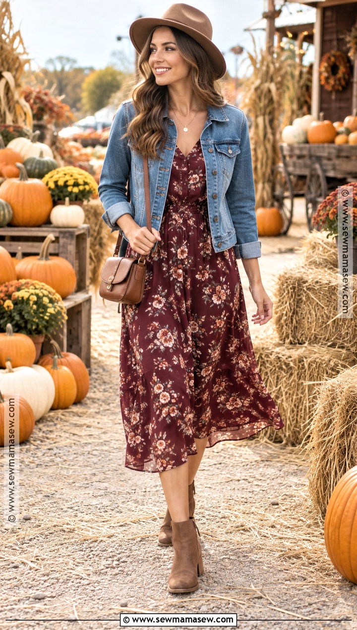 Floral Midi Dress And Denim Jacket Fall Fair Outfit - 20 Fall Fair Outfit Ideas