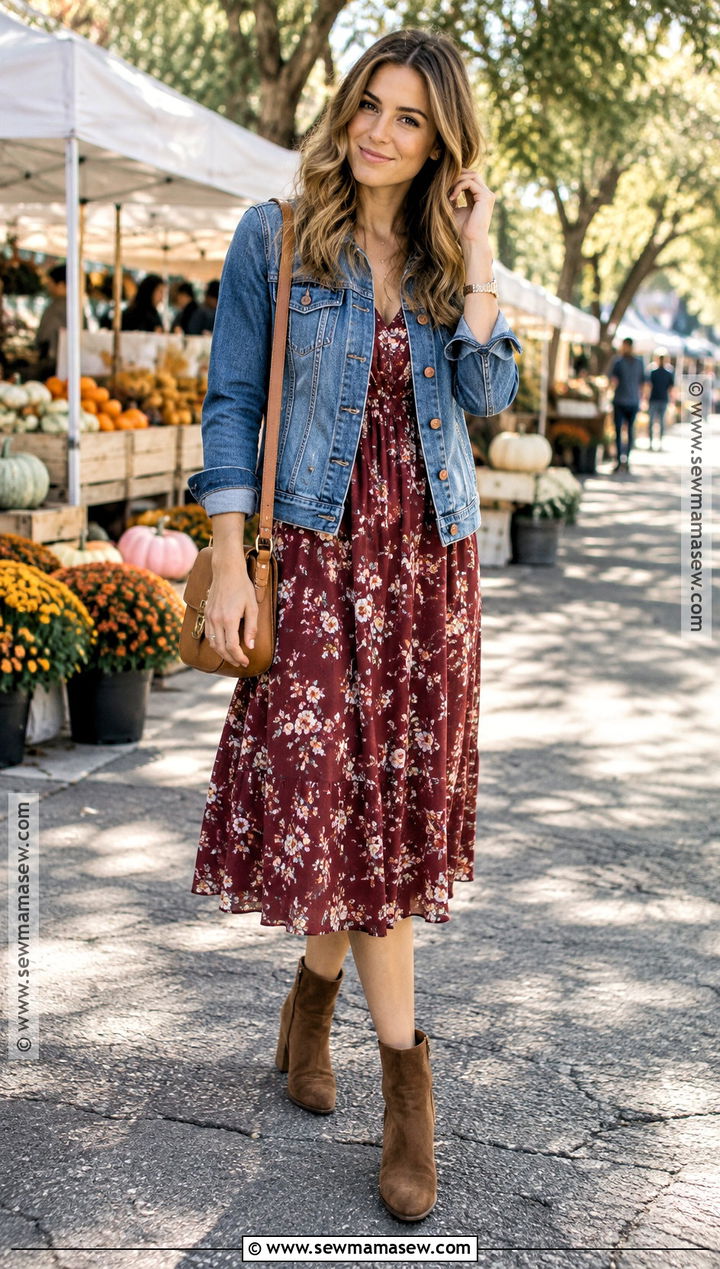 Floral Midi Dress And Denim Jacket Fall Outfit - 15 cute transition to fall outfits