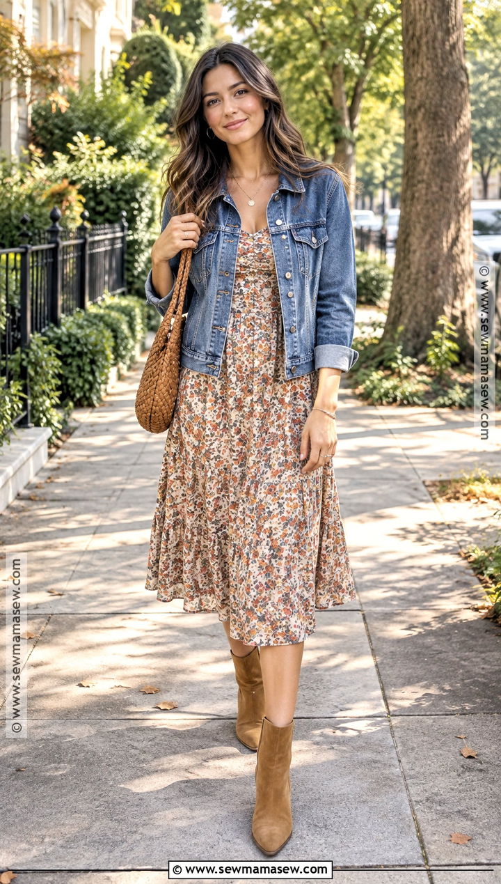 Floral Midi Dress And Denim Jacket Fall Outfit - 15 Transitioning To Fall Outfits