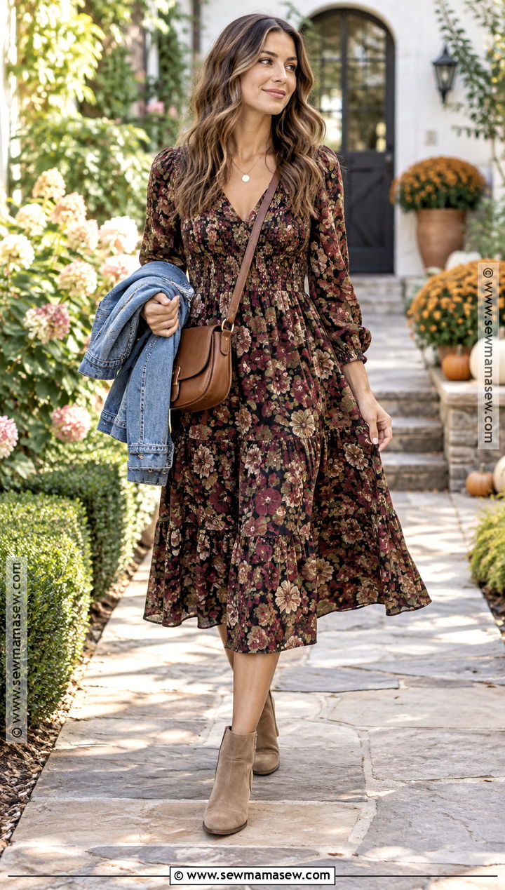 Floral Midi Dress And Denim Jacket Fall Outfit - 25 hot weather fall outfits