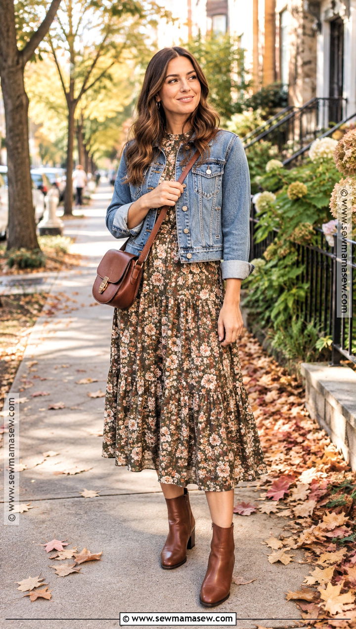 Floral Midi Dress And Denim Jacket Fall Outfit - 25 transition to fall outfits