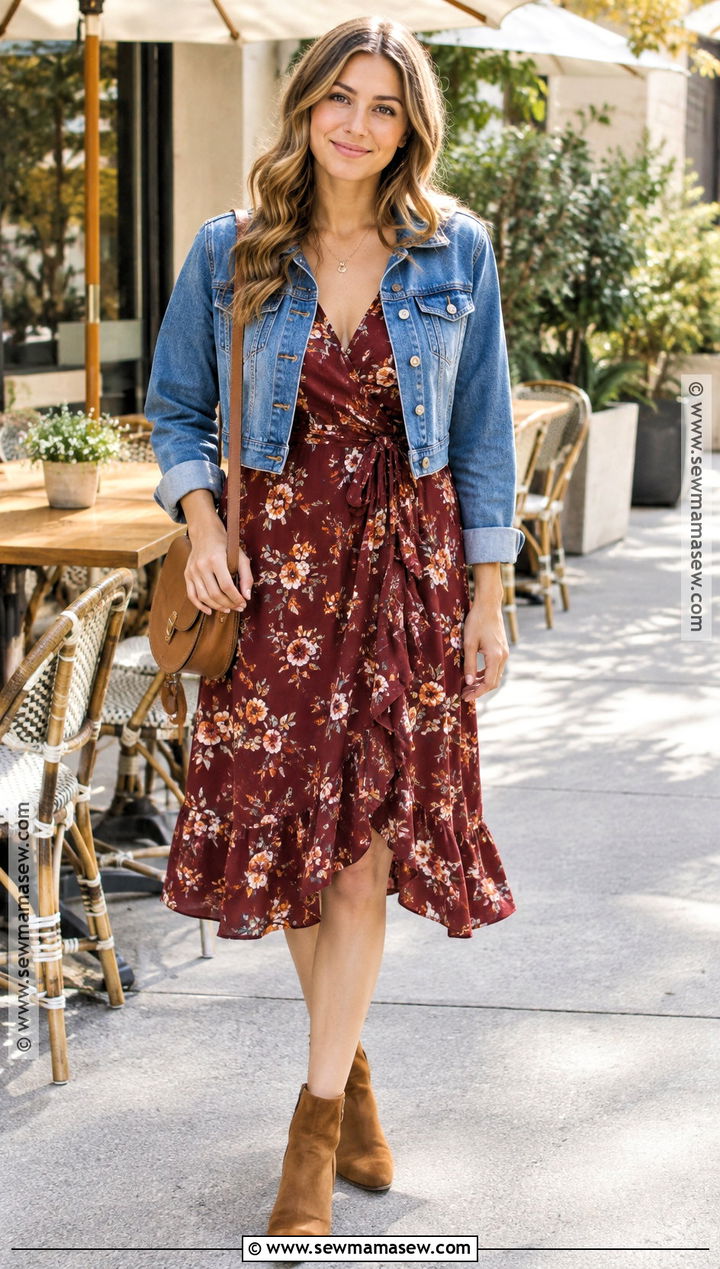 Floral Midi Dress And Denim Jacket Fall Outfit - 15 Casual Feminine Outfits Fall