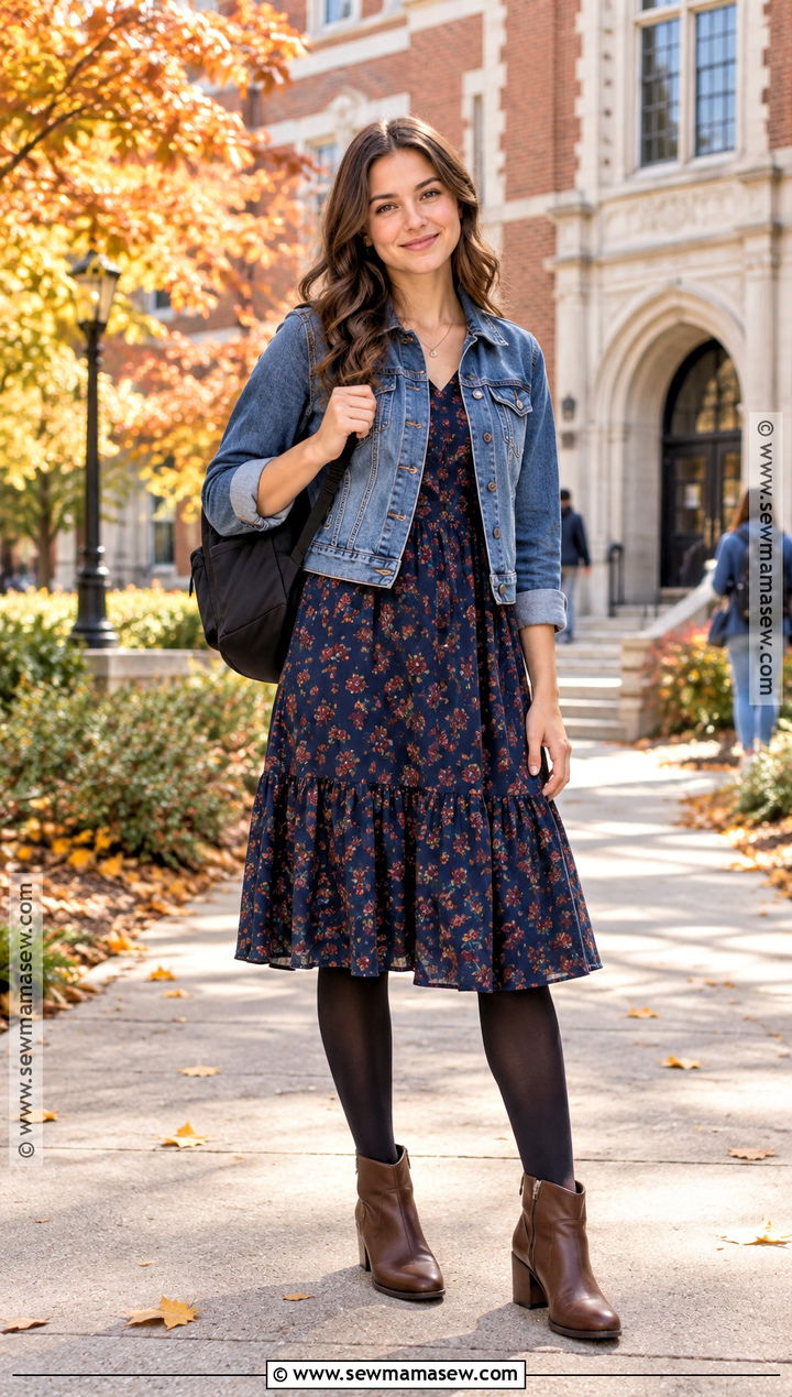 Floral Midi Dress And Denim Jacket Fall School Outfit - 25 fall outfit inspo for school ideas