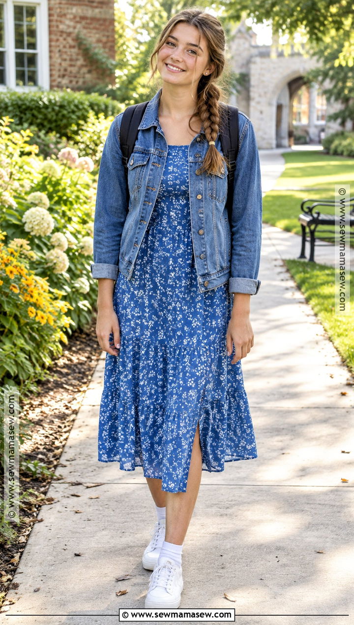Floral Midi Dress And Denim Jacket High School Outfit - 25 back to school outfits highschool