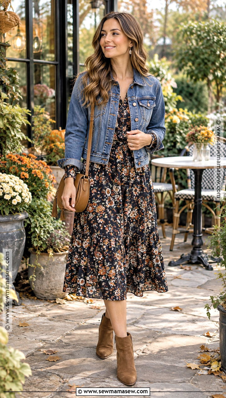 Floral Midi Dress And Denim Jacket Lunch Date Outfit - 15 lunch date fall outfit ideas
