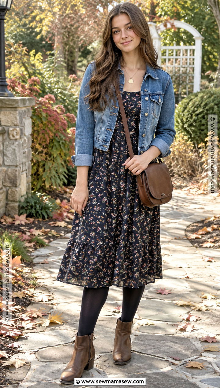 Floral Midi Dress And Denim Jacket Outfit - 20 Fall Teen Girl Outfits