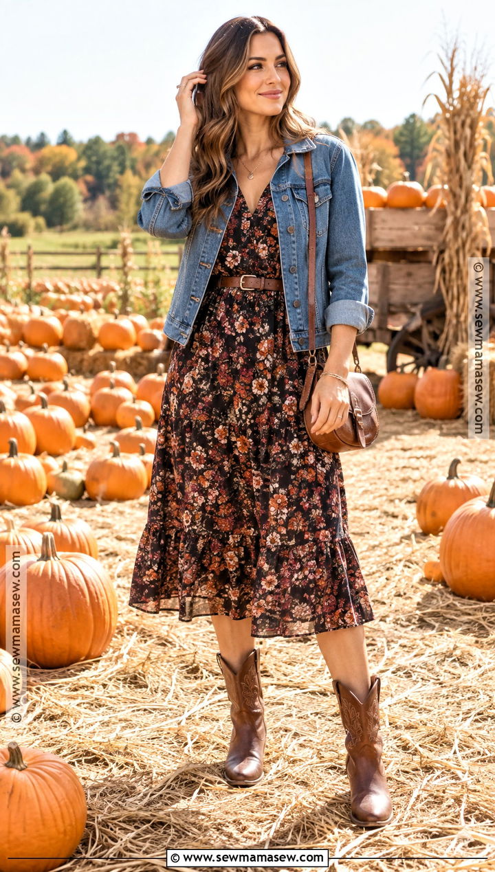 Floral Midi Dress And Denim Jacket Outfit - 25 cute pumpkin patch outfits