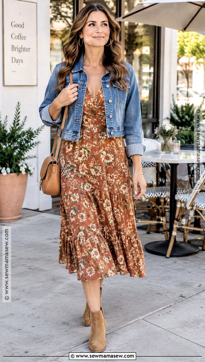 Floral Midi Dress And Denim Jacket Outfit - 25 summer into fall outfits