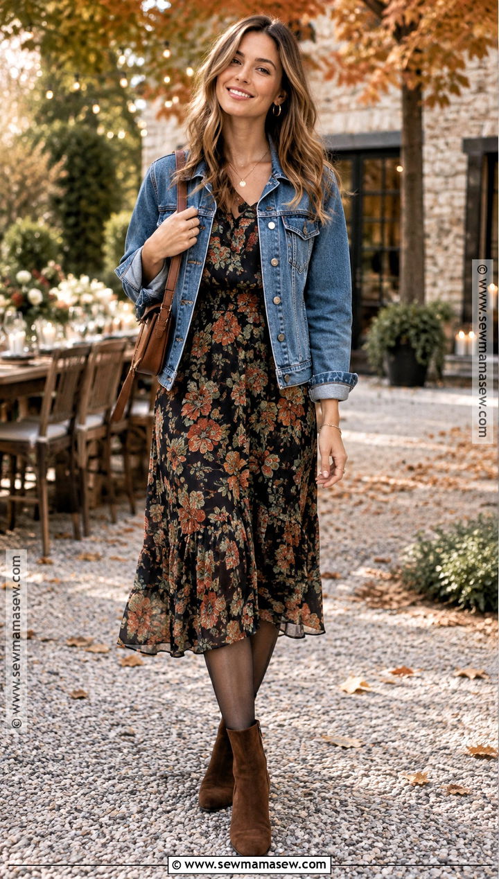 Floral Midi Dress And Denim Jacket Outfit - 15 Birthday Party Guest Outfit Casual Fall Ideas