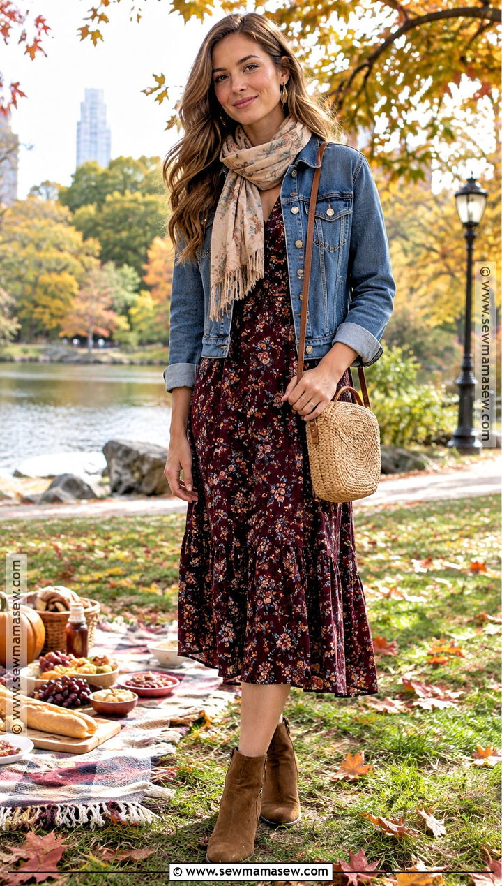 Floral Midi Dress And Denim Jacket Picnic Outfit - 25 fall picnic outfit ideas