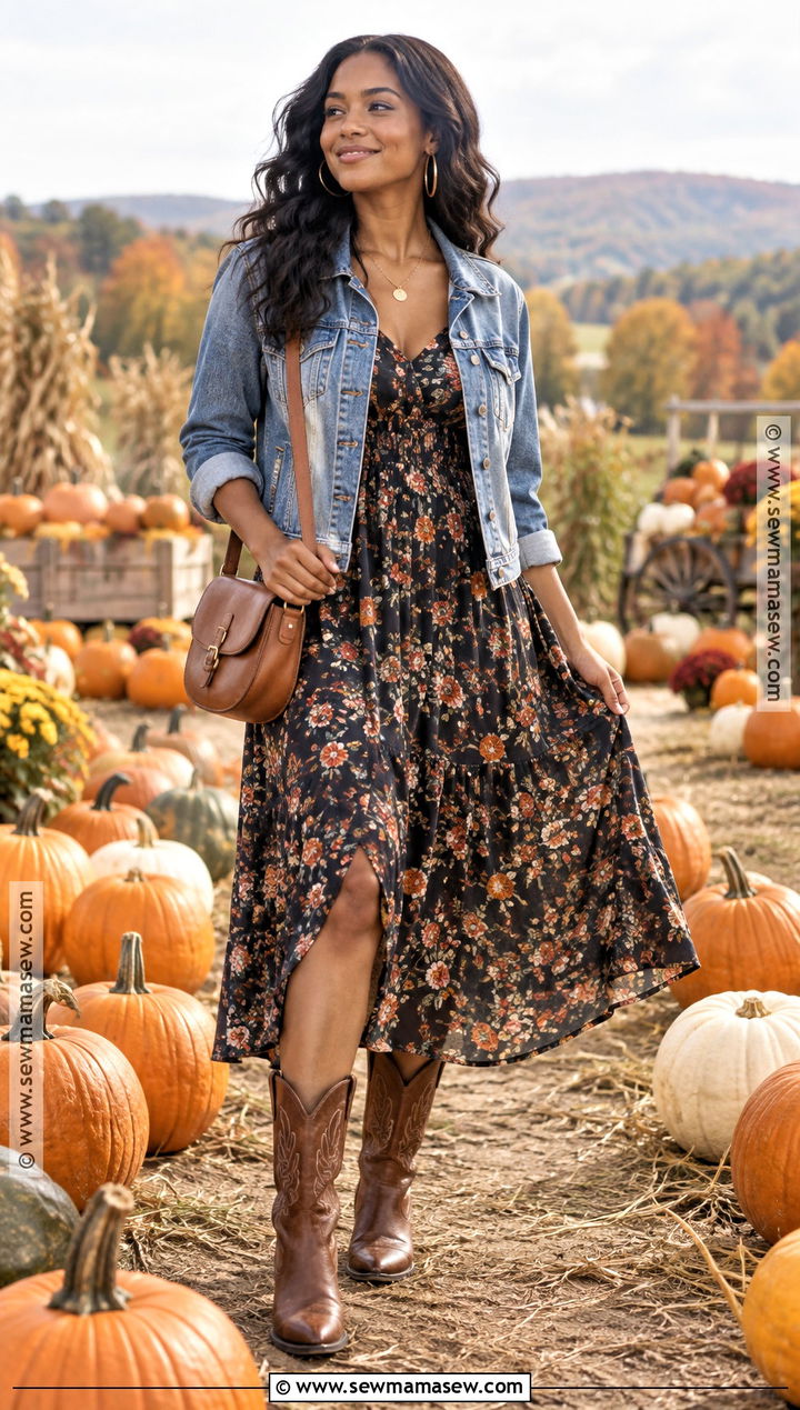 Floral Midi Dress And Denim Jacket Pumpkin Patch Outfit - 25 pumpkin patch outfit ideas for black women