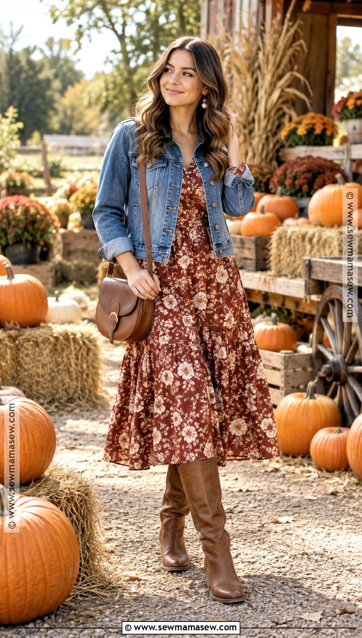 Floral Midi Dress And Denim Jacket Pumpkin Patch Outfit - 20 Pumpkin Patch Outfit Women Fall Ideas
