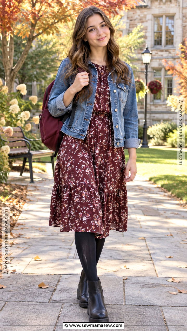 Floral Midi Dress And Denim Jacket School Outfit - 15 fall school outfits highschool 2026