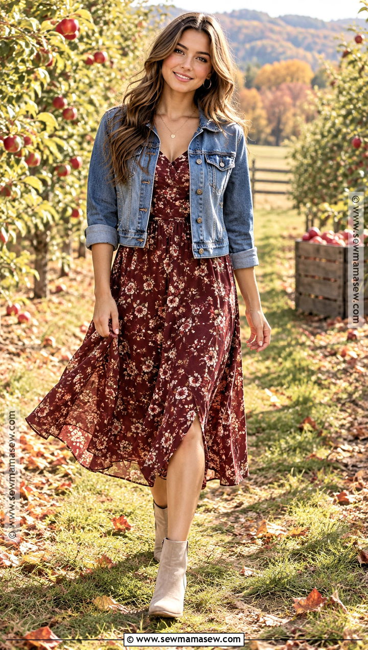 Floral Midi Dress And Denim Jacket Senior Photo Outfit - 25 senior photo outfits fall