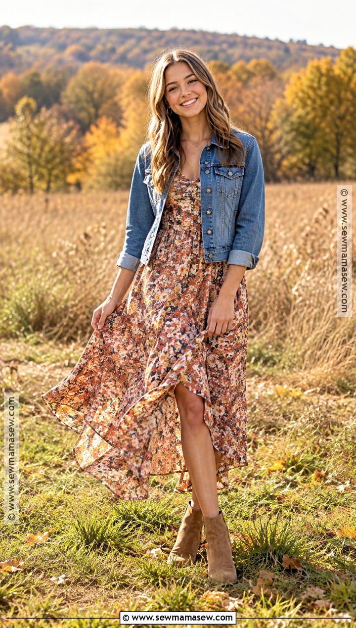 Floral Midi Dress And Denim Jacket Senior Pic Outfit - 15 senior pic fall outfits