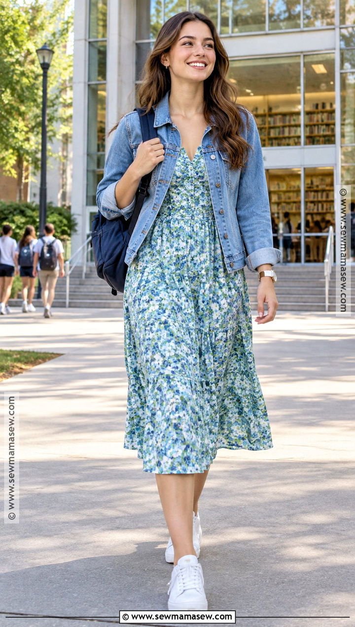 Floral Midi Dress And Denim Jacket Summer School Outfit - 25 summer back to school outfits