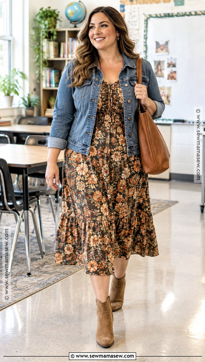 Floral Midi Dress And Denim Jacket Teacher Outfit - 20 fall outfits women for teachers