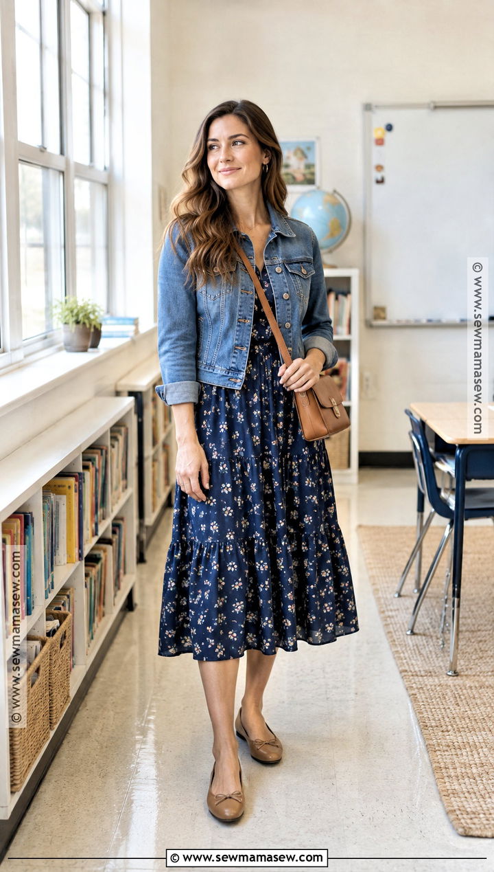 Floral Midi Dress And Denim Jacket Teacher Outfit - 20 september teacher outfits