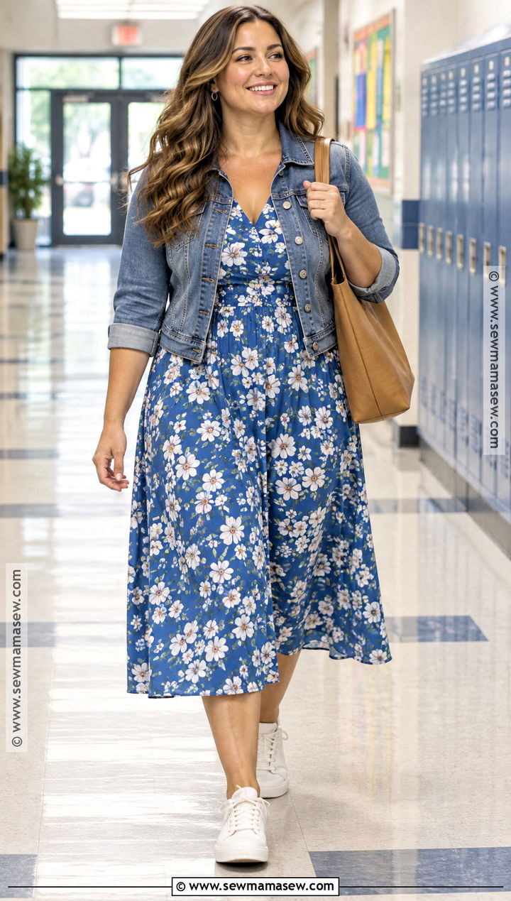 Floral Midi Dress And Denim Jacket Teacher Outfit - 15 Back To School Teacher Outfits 2026