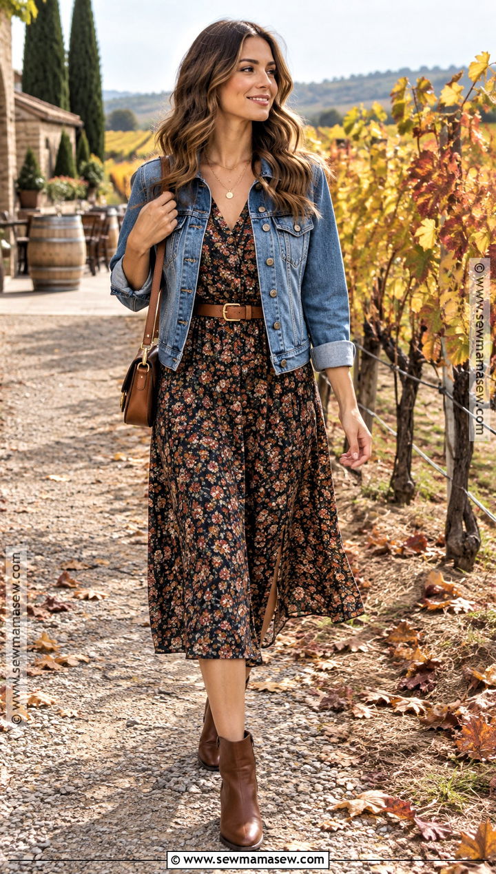 Floral Midi Dress And Denim Jacket Winery Outfit - 15 outfit ideas for winery in fall