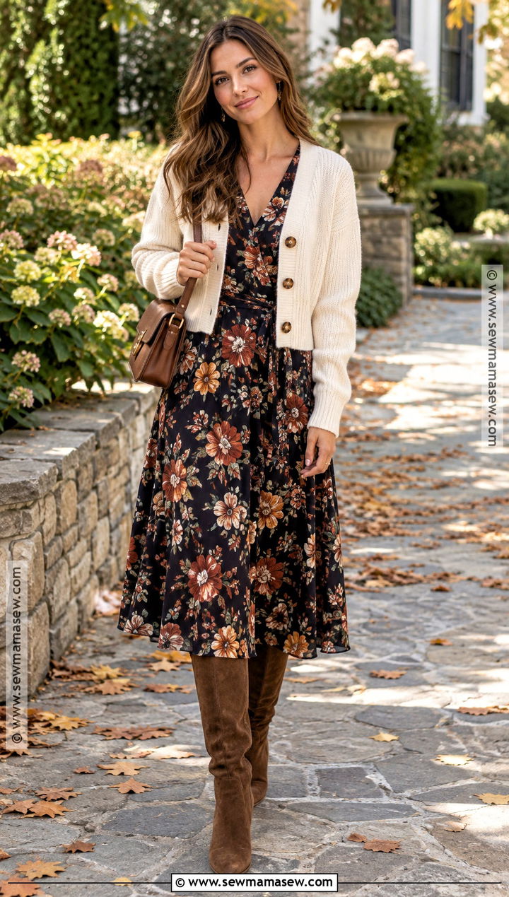 Floral Midi Dress And Knee High Boots Fall Outfit - 20 Outfit Inspo For Fall Ideas
