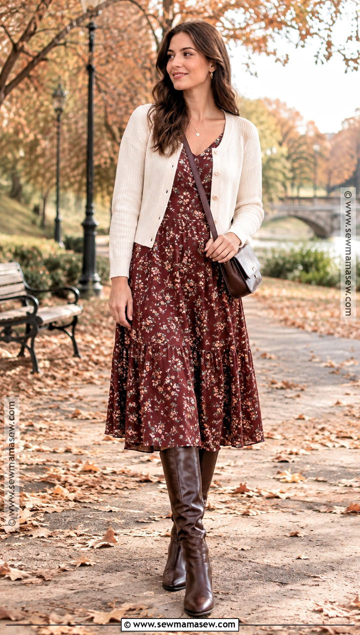 Floral Midi Dress And Knee High Boots Fall Outfit - 15 Cute Girly Fall Outfit Ideas