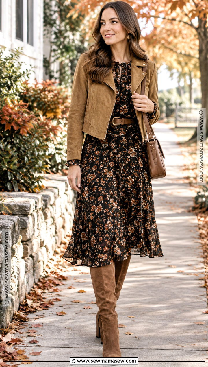 Floral Midi Dress And Knee High Boots Outfit - 15 Fall Fits 2026