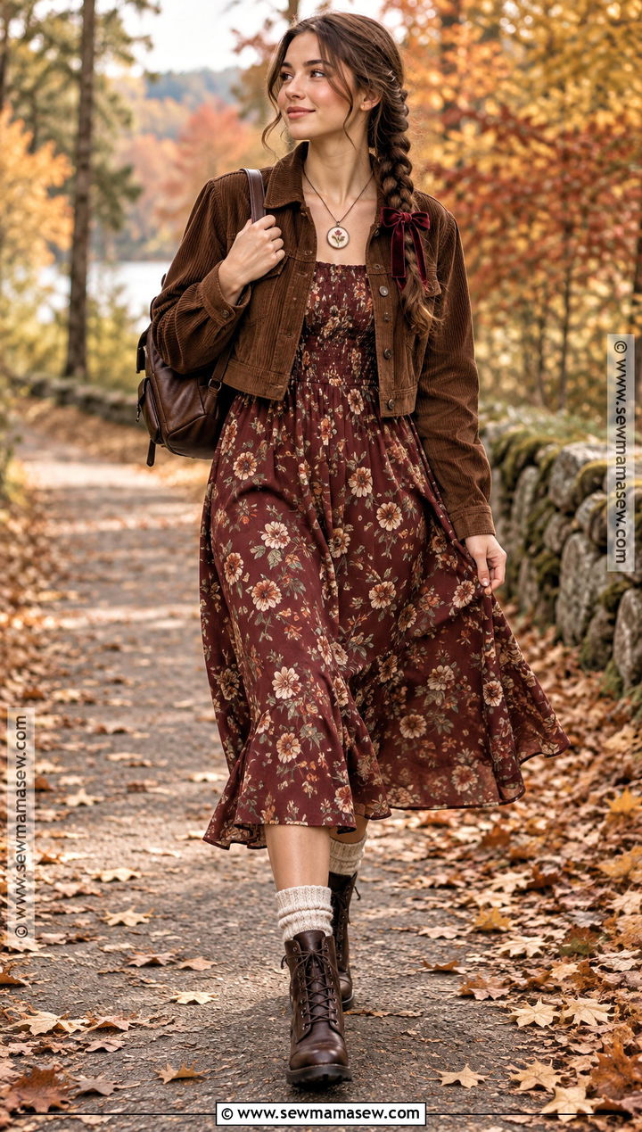 Floral Midi Dress And Lace Up Boots Fairy Outfit - 15 autumn fairy aesthetic outfits