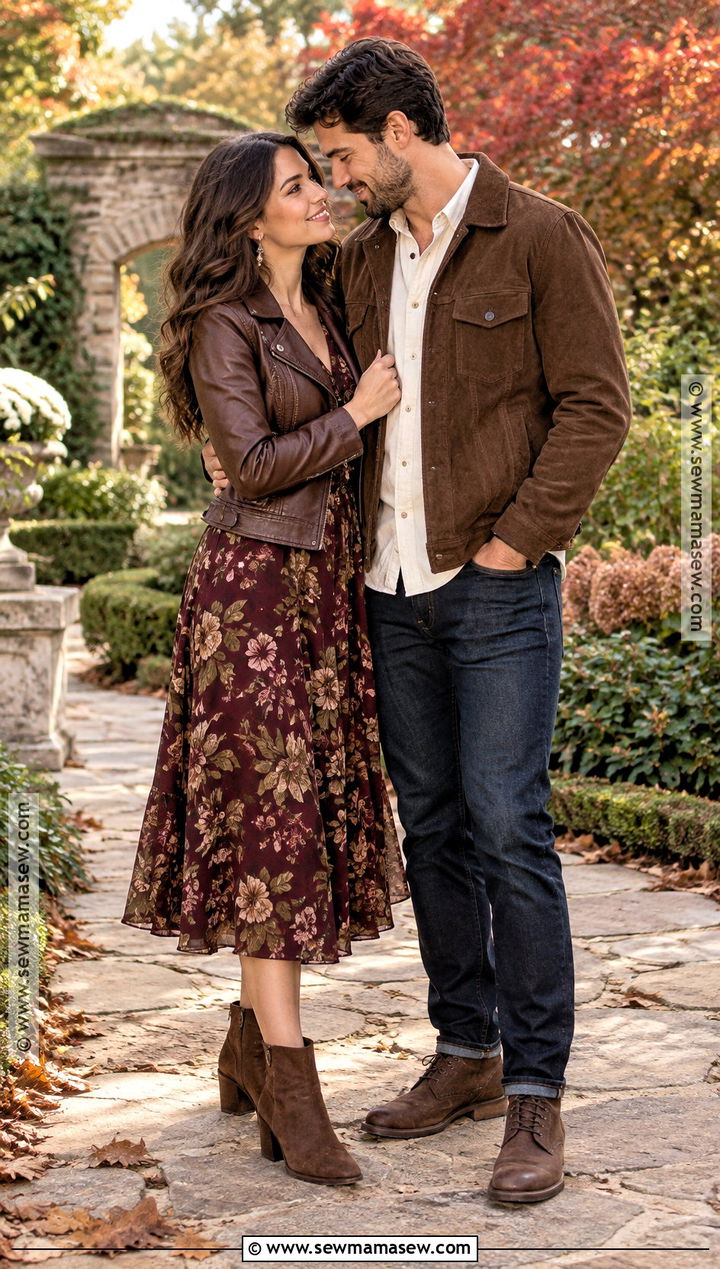 Floral Midi Dress And Leather Jacket Engagement Outfit - 15 engagement photoshoot fall outfits
