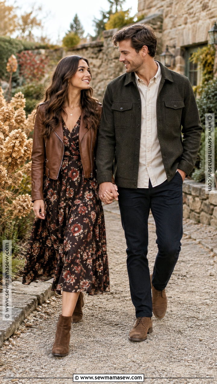 Floral Midi Dress And Leather Jacket Engagement Photo Outfit - 15 engagement photos outfits november