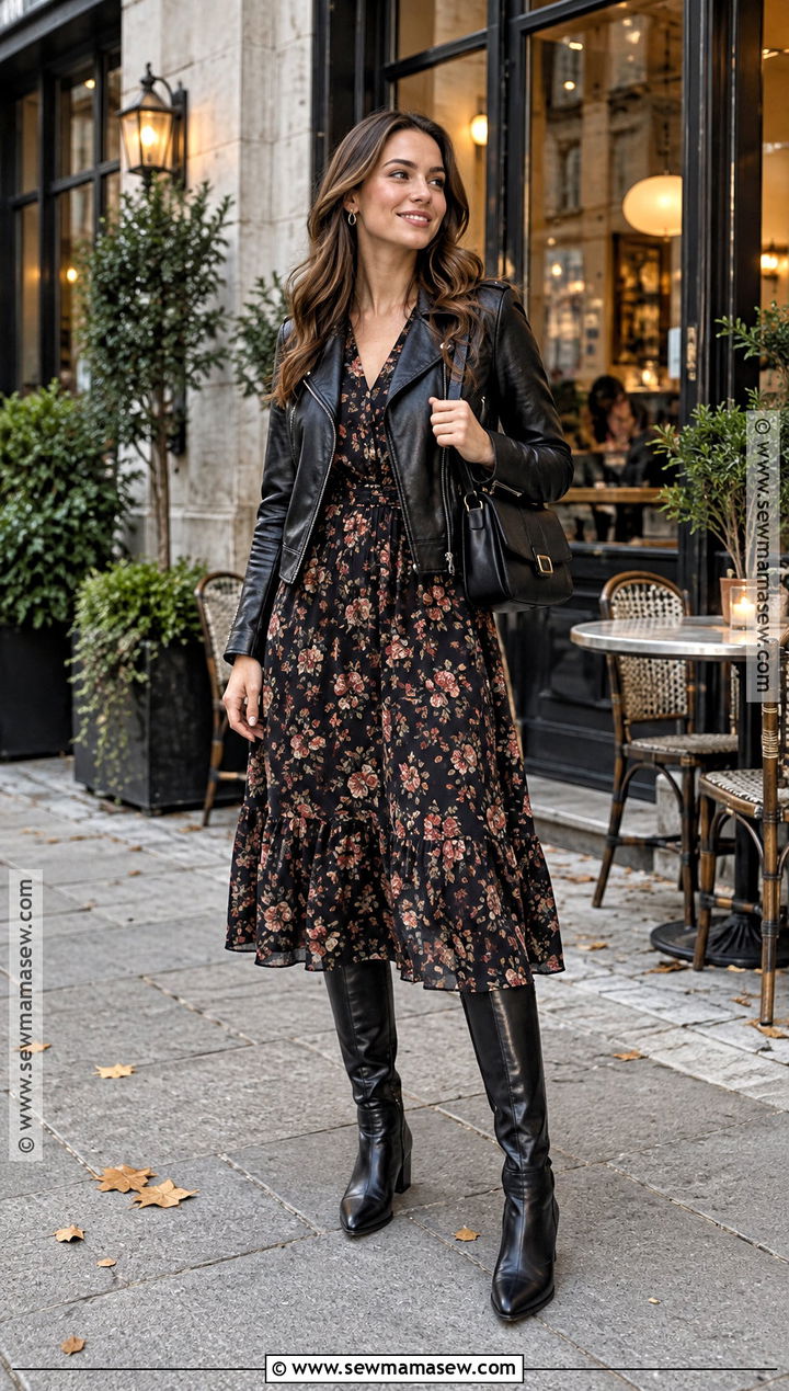 Floral Midi Dress And Leather Jacket Fall Date Night Outfit - 20 date night fall outfits classy