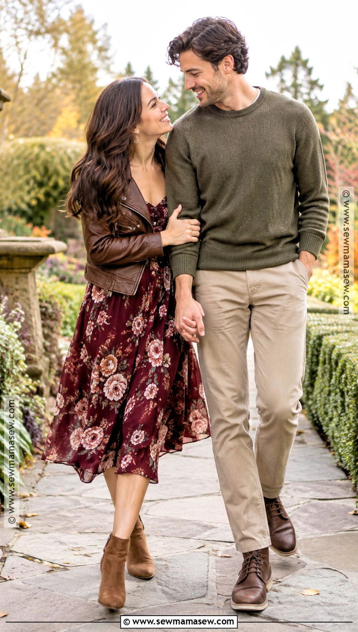 Floral Midi Dress And Leather Jacket Fall Engagement Photo Outfit - 15 engagement photo fall outfit ideas