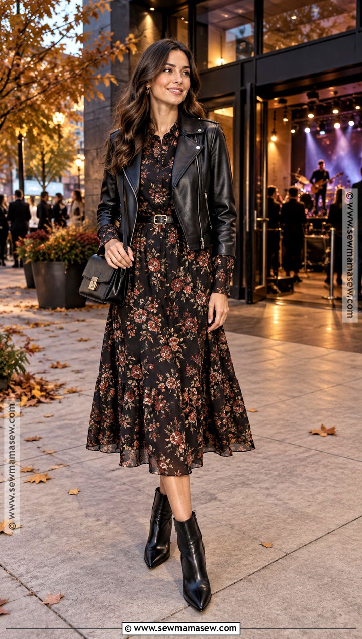 Floral Midi Dress And Leather Jacket Fall Outfit - 25 fall date night outfit classy ideas
